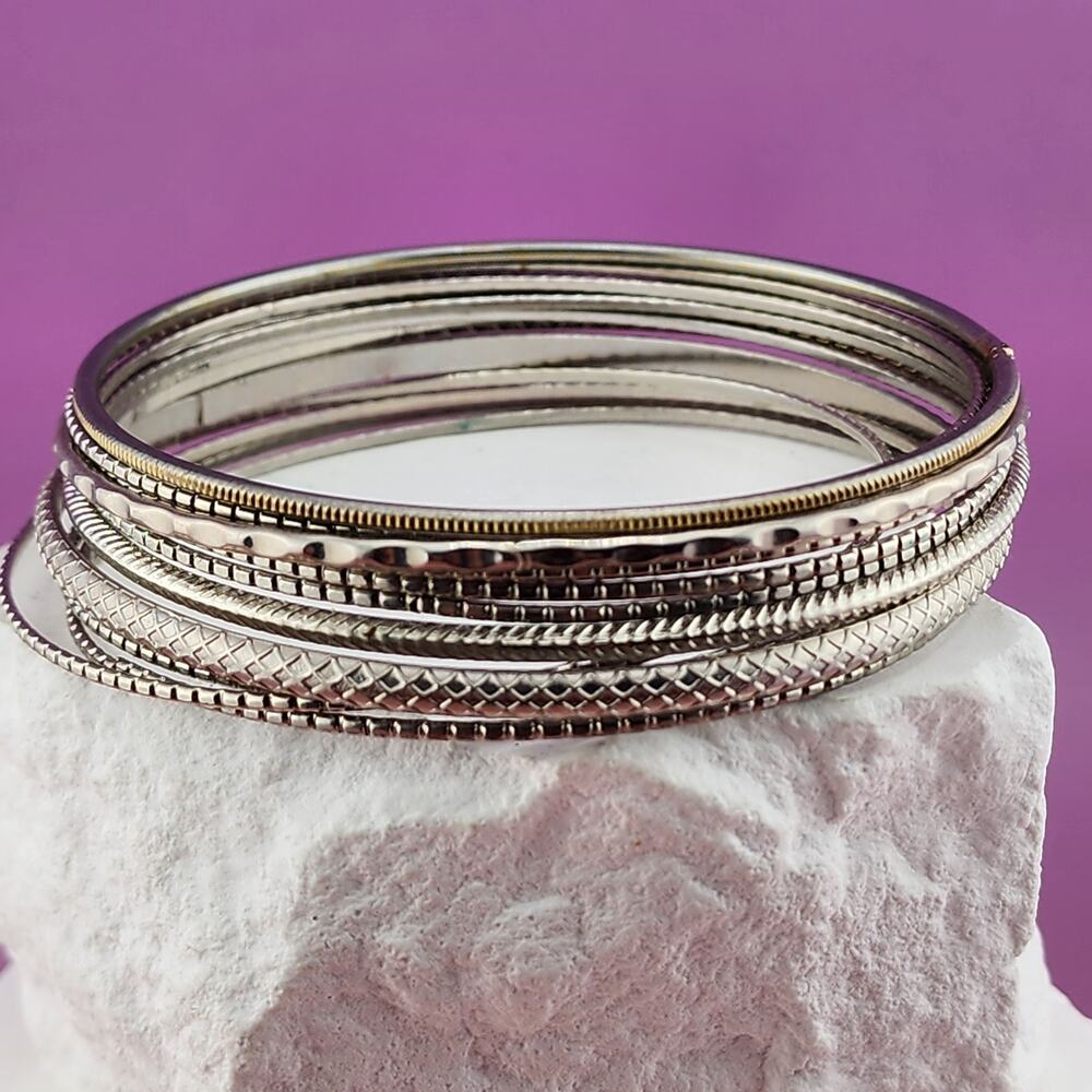 Silver Gold Tone Textured Stacking Bangle Bracelet Set Mixed Width Jewelry